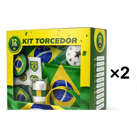 Kit Torcedor Copa do Mundo 2026 Brasil 12 Itens Torcida Bandeira Brasileira Óculos Pulseira Adesivos